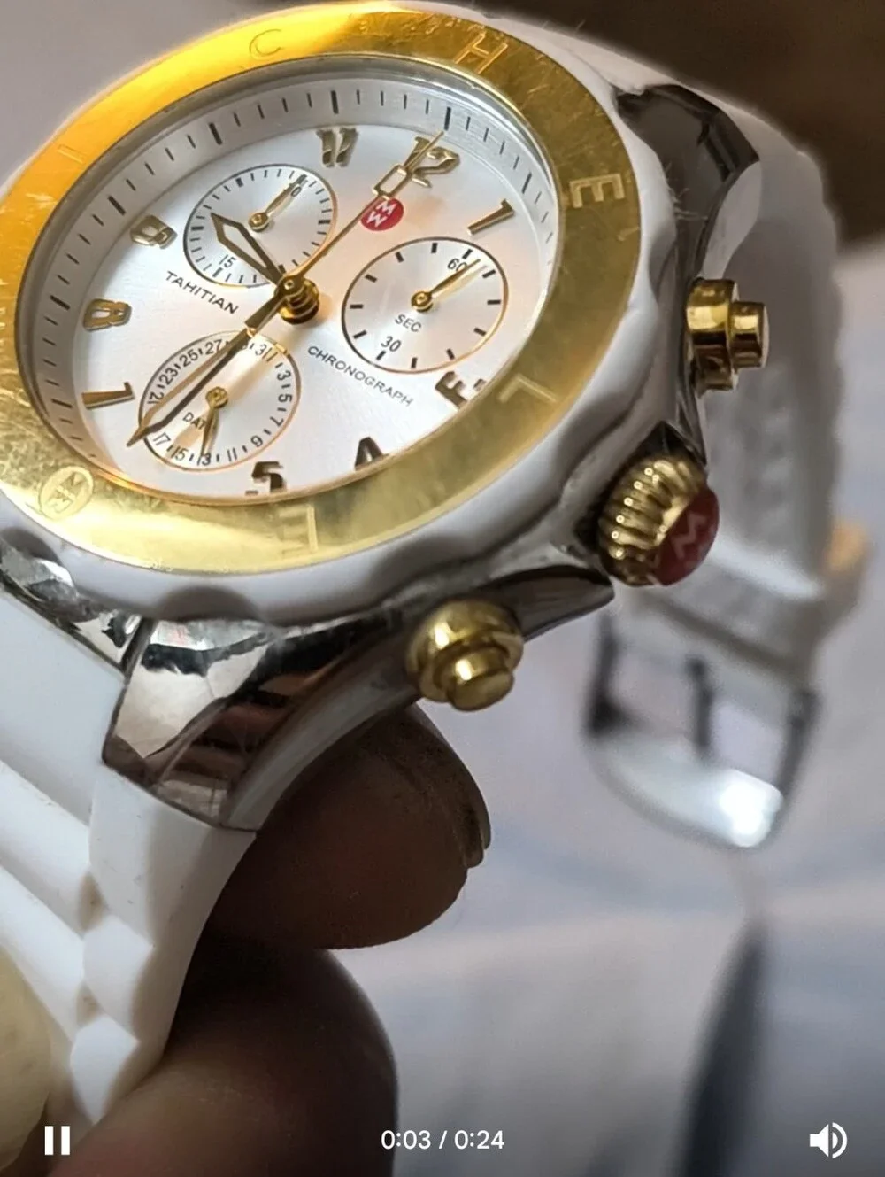 MICHELE Tahitian Jelly Bean Chronograph Watch — Two-Tone Gold & Steel, White Sil